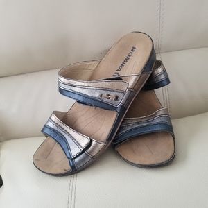 Romika sandals in blue, pewter, gold, size 39, size 9